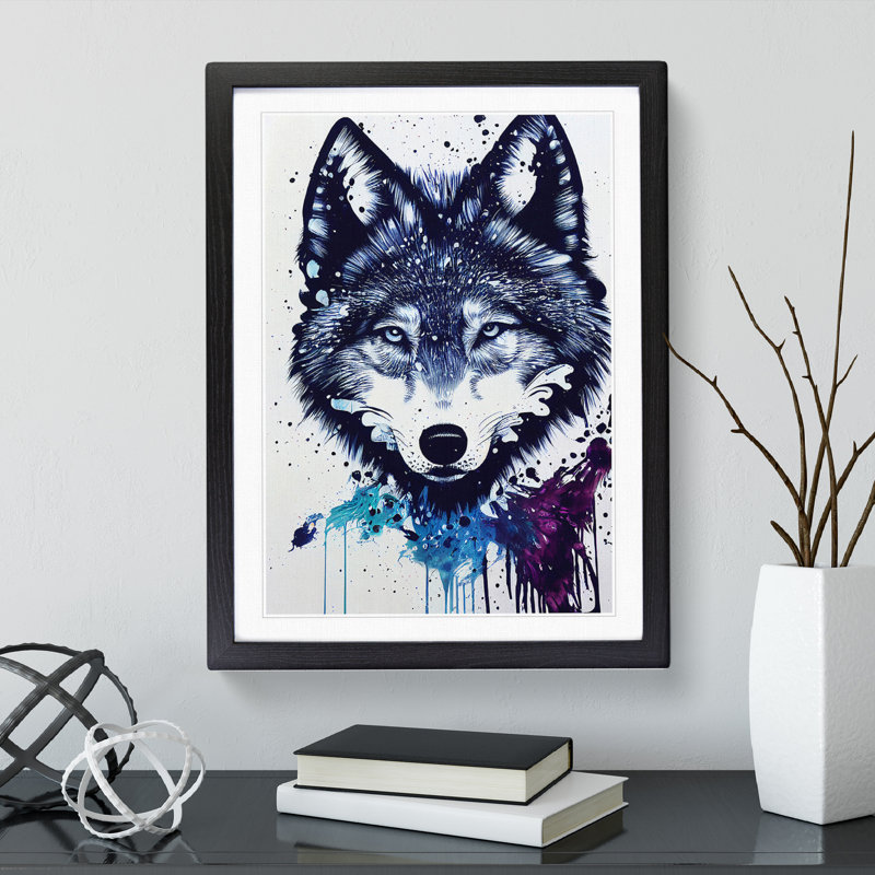 Painted Wolf No.2 - Single Picture Frame Painting, 64cm H x 46cm W x 2cm D, Black Framed