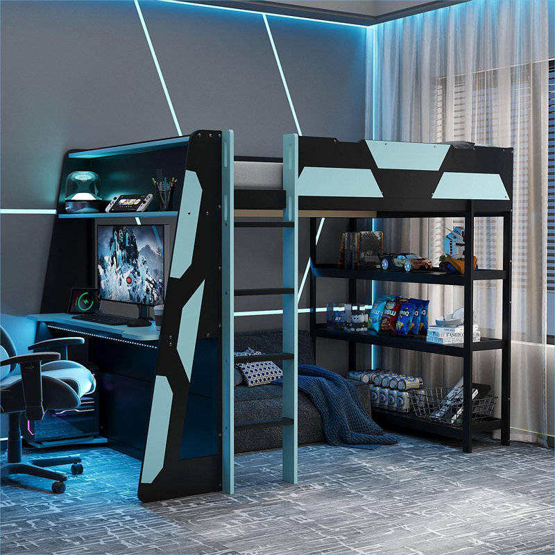 Gaming Room Full Size Loft Bed, Solid Wood MDF Construction, Sleek Black, Integrated Desk, Storage Shelves and LED Lights