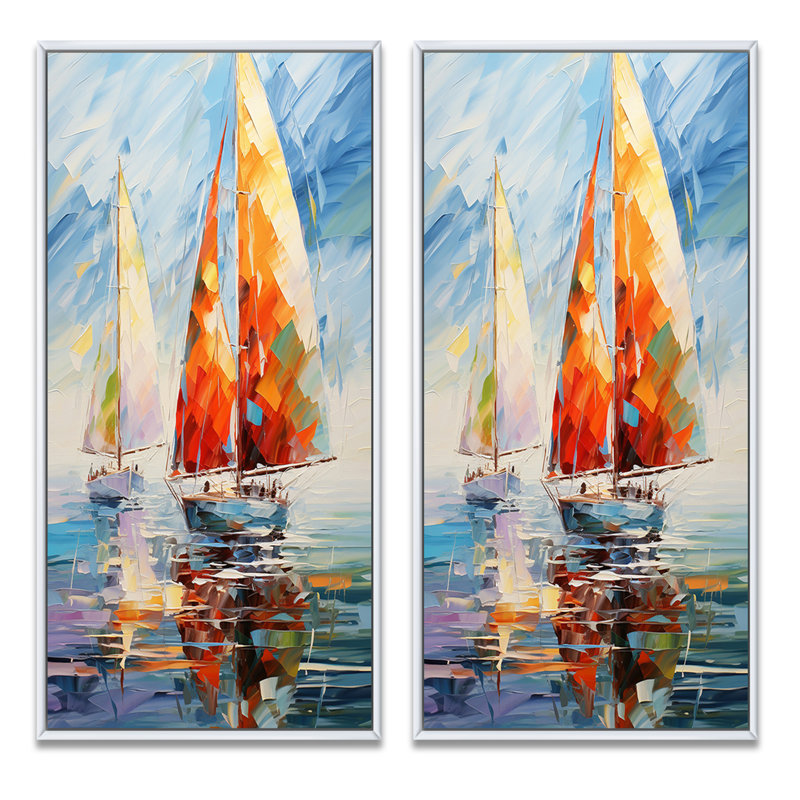 "Voiliers abstraits" - 2 pièces sur toile, Cadre blanc, H 32 po x l 32 po