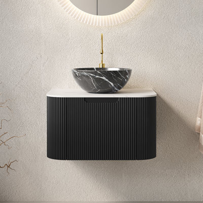 Meuble-lavabo mural avec lavabo, armoire de rangement cannelée à bord arrondi avec tiroir, vasque en céramique noire, pré-assemblé