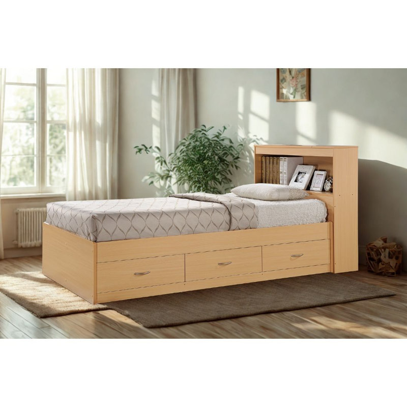 Twin-Size Storage Platform Bed with Bookcase Headboard and 3-Drawers for Clothing, , Beech