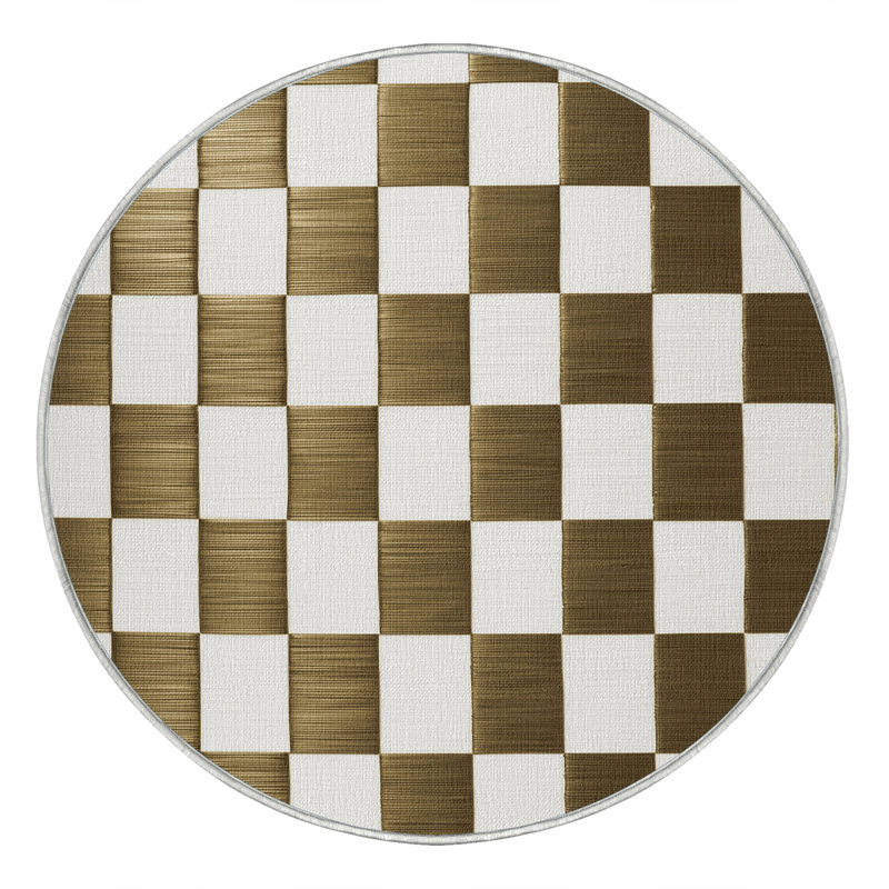 Tapis beige à carreaux lavable à la machine, Rond 3 pi