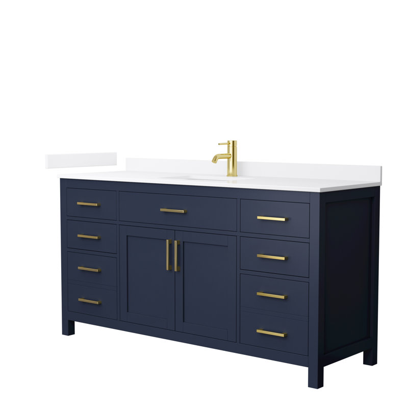 Beckett 66" Freestanding Single Bathroom Vanity with Quartz Top, Brushed Gold, White Quartz, Dark Blue