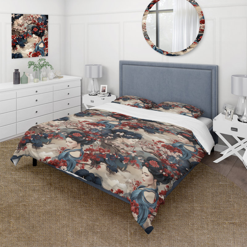 Maitilde Geisha Grace - Oriental Duvet Cover Set - Microfiber Polyester, Queen Duvet Cover + 2 Standard Shams