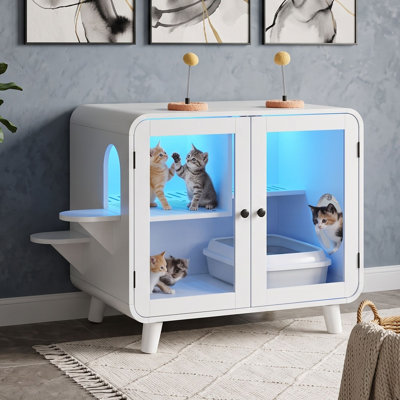 Cat Litter Box Enclosure with Color Changing LED Light and Glass Doors