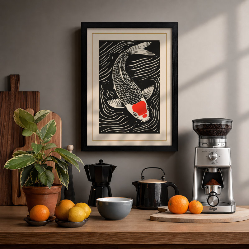 Koi in Black Water Art Deco - Framed Print, A2 - 59.4 x 42.0 cm, Black