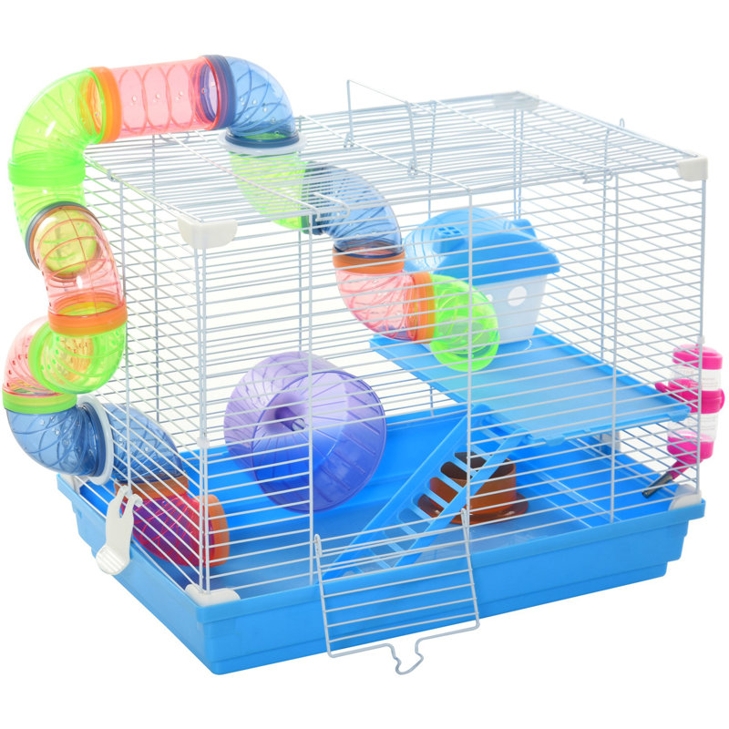 Cage à hamster 18 "à 2 niveaux avec roue et bouteille d'eau, bleu