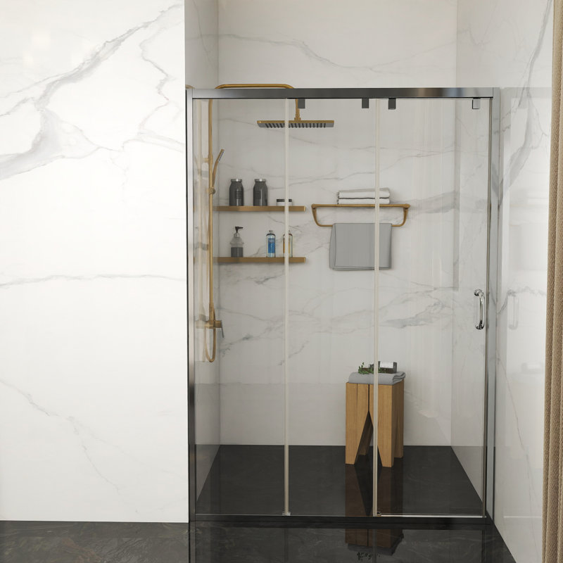 48"-48.8" W x 76" H Triple Panel Sliding Shower Door, 8mm Tempered Glass, Stainless Steel Frame, Brushed Silver