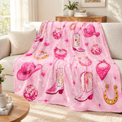 1Pcs Pink Cowgirl Boots Hat Horseshoe Print Flannel Blanket – Single-Sided;Soft and CozyMachine WashablePerfect for Bedroom DecorGreat Kids TeensIdeal Home Use Outdoor ActivitiesA Fun Gift Choice. Bedding sofa ite
