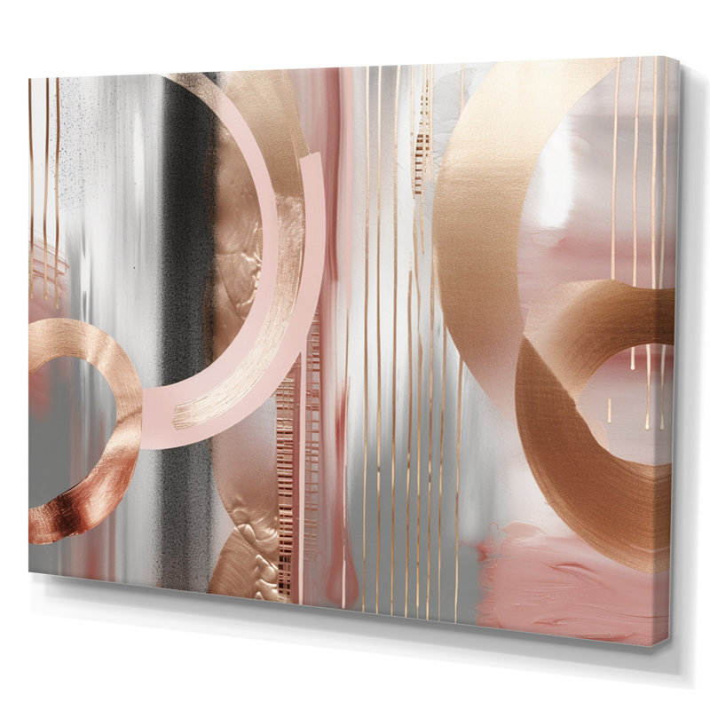 «Pink Rosegold Circle Chaos V», art moderne abstrait sur toile transitionnelle, H 34 po x l 44 po x P 1,5 po, Toile tendue