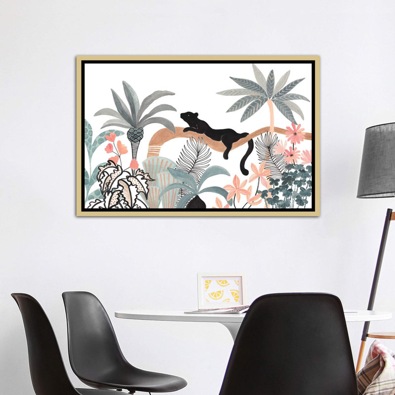 Jaguar dans la jungle, H 40 po x l 60 po x 1,5 po, Toile encadrée d'or