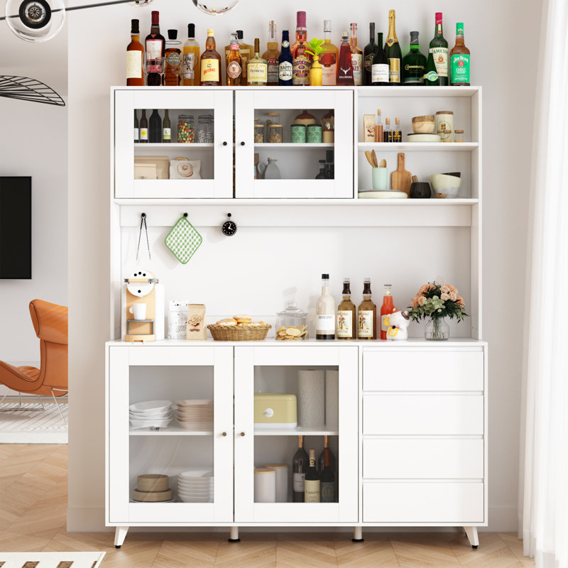 Garyson Kitchen Pantry With Tempered Glass Door And Strong Storage, White