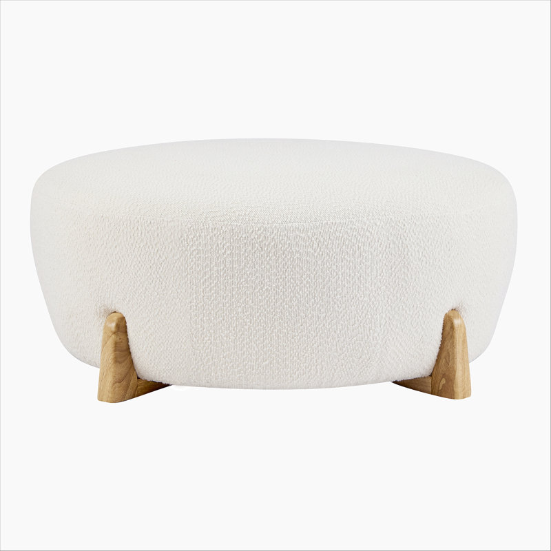 Modish Round Ottoman: Boucletop With Splayed Rubber Wood Legs, White, Natural, White