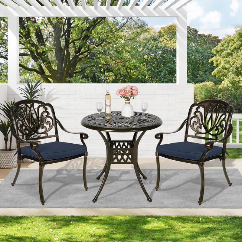 2 - Person Patio Dining Set with Round Table , Cushions Included, Navy Blue