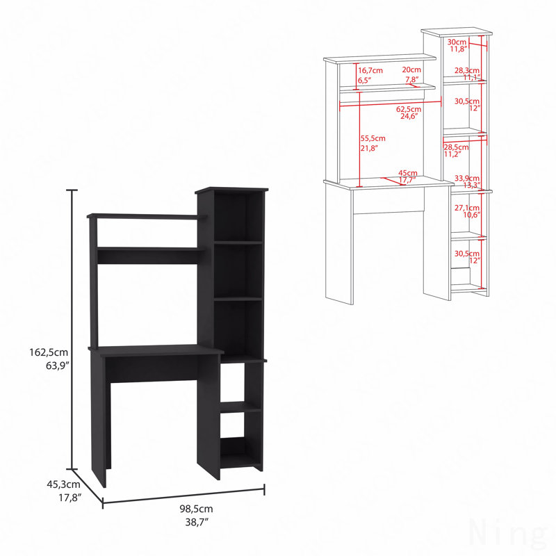 Bureau d'écriture noir avec deux tablettes supérieures et cinq casiers, Black