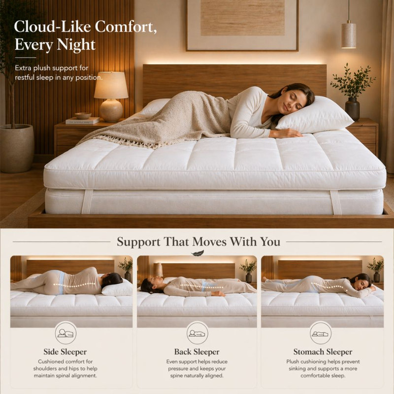 MHG Living Duck Feather Mattress Topper Box Stitched with Elastic Straps - Available Single/Small Double/Double/King/Super King