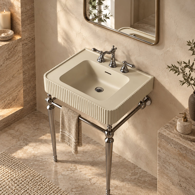 Lavabo de console de salle de bain cannelé avec cuve intégrée à surface solide, pieds en métal rétro et barre à serviettes