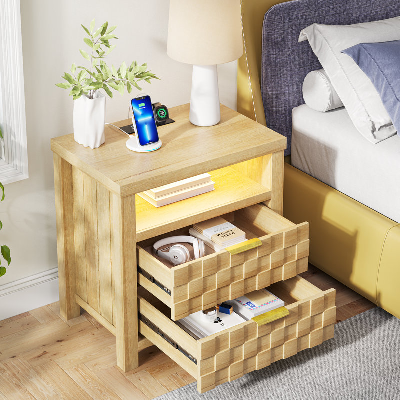 Bedside Table with Built-In Outlets and Motion Sensor Led Light, Yellow Brown