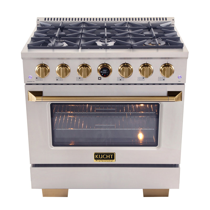36 in. 5.2 cu. ft. Dual Fuel Range in Stainless Steel with Gold Accents and Kucht Horus Thermostat, Liquid Propane