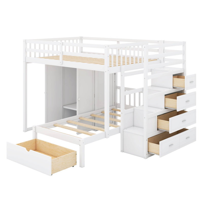 Lit superposé simple et double 5 tiroirs en bois massif avec bibliothèque Javiah par Munora, Blanc