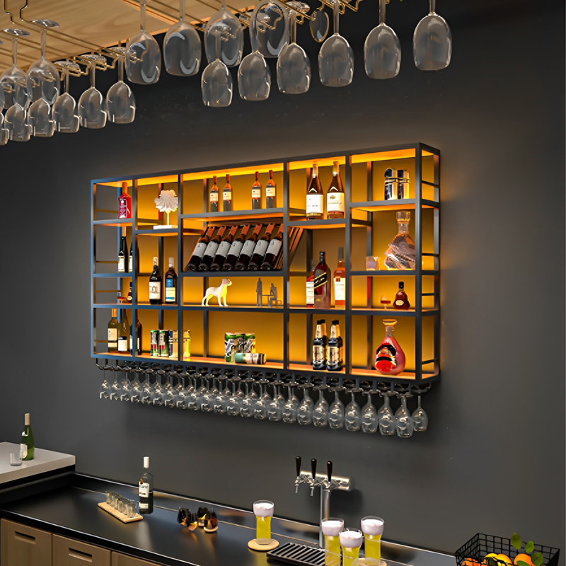 Black Multi-tier Wall Mounted Wine Bottle and Glass Holder（Without LED light）, 47.20" H x 78.70" W x 7.80" D