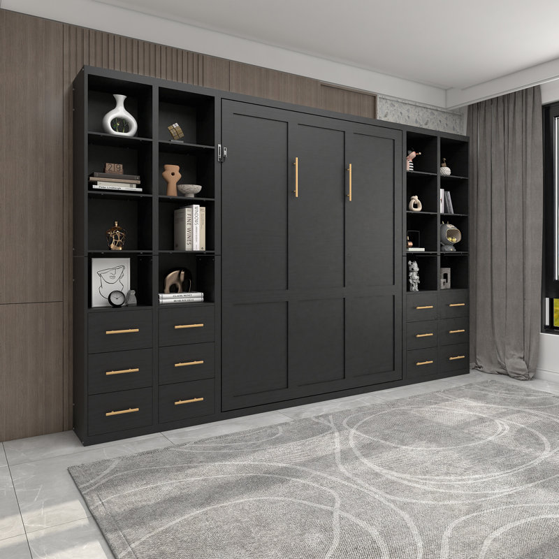 Lit escamotable multifonctionnel avec armoires intégrées en MDF et métal Nestfold, Noir