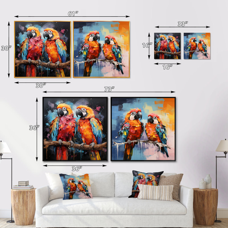 Vibrant Duets S - Parrot S - animaux, ensemble de 2 collages carrés, H 16 po x l 33 po, Toile tendue