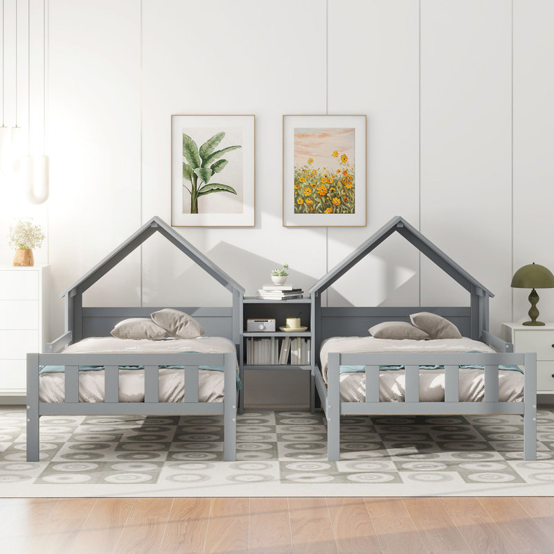 Lit plateforme simple double avec tête de lit en forme de maison et table de chevet intégrée, gris