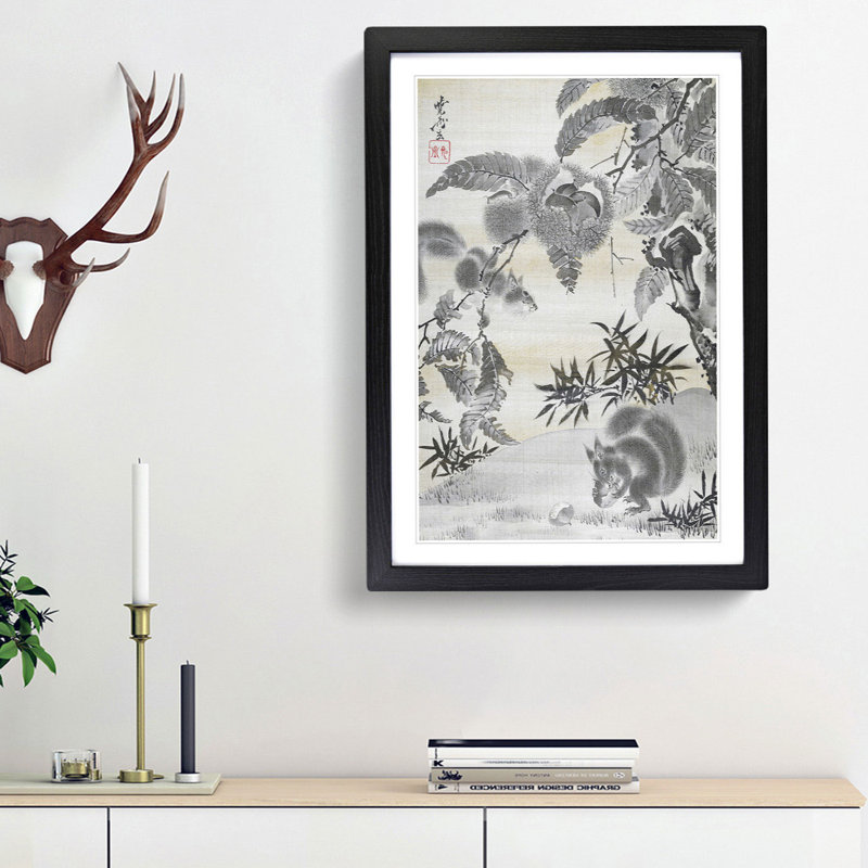 Squirrels Gathering Chestnuts by Kawanabe Kyosai - Picture Frame Painting Print, 65cm H x 48cm W x 2cm D, Black Framed