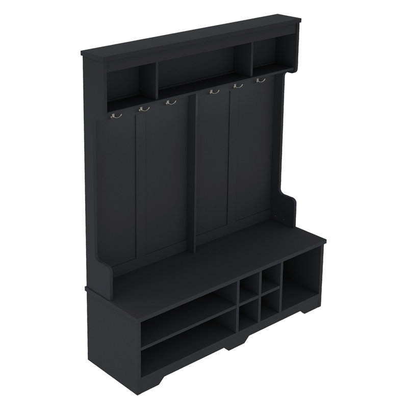 Modern Hallway Hall Tree with Metal Hooks and Storage Space, Multi-Functional Entryway Coat Rack with Shoe Cubbies, Black