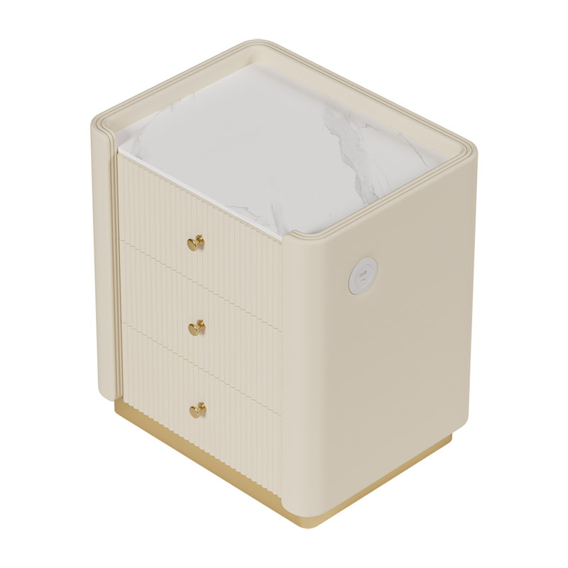 Vallux White Leather 3-Drawer Nightstand with Sintered Stone Top and USB Port