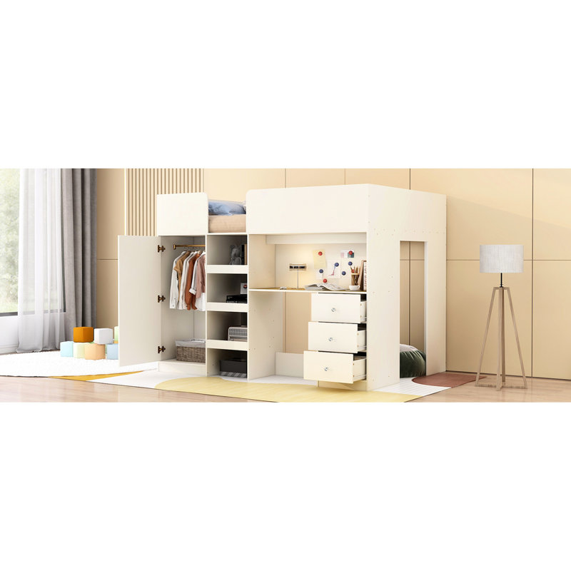 Lit mezzanine double beige avec garde-robe, bureau, rangement - tiroirs de qualité et excellent