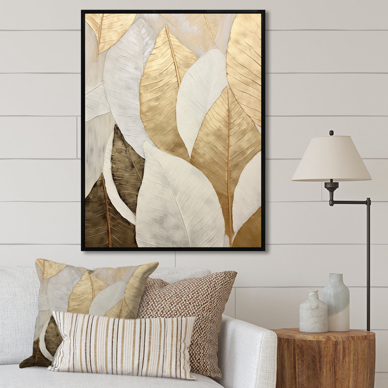 Gold Minimalism Leaves Collage III - Print, Black Floater Framed, 32" H x 16" W x 1" D