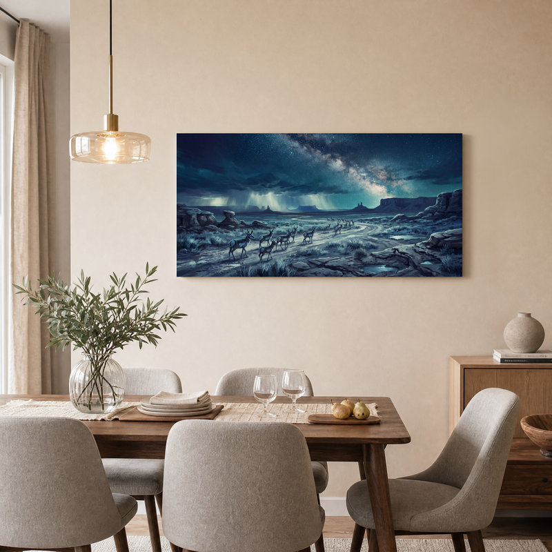 Tableau sur toile représentant un troupeau d'antilopes pronghorn sous la Voie lactée, L 58 po x H 28 po