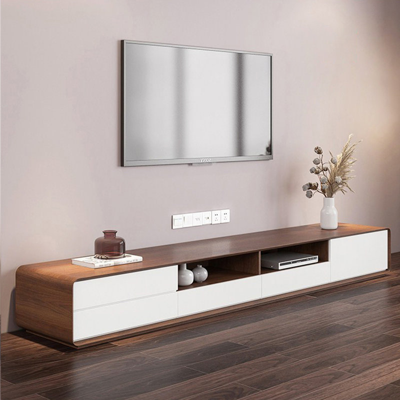 Modern Wood White TV Stand, Lowline Media Console with 4 Drawers, Open Storage Cabinet, Walunt, 78.74"