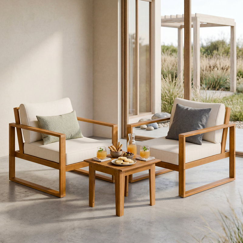 Ensemble de 2 chaises longues d'extérieur en bois avec coussins texturés résistants à l'eau et sièges profonds Loomera