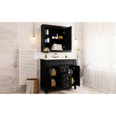 Meuble-lavabo de 36 po avec lavabo supérieur, meuble-lavabo moderne noir, 2 portes et tiroirs à fermeture en douceur, meuble-lavabo élégant avec meuble-lavabo simple et élégant