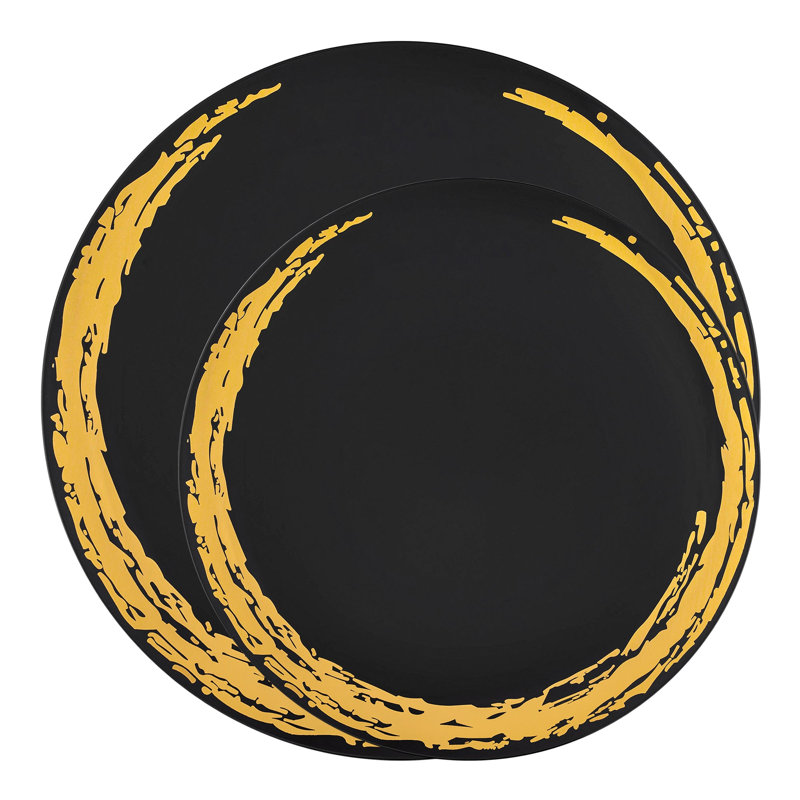 Service de vaisselle jetable ronde en plastique noir et or « Clair de lune » - 120 services