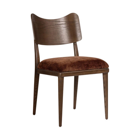 Mid-century modern dining chair with a curved wooden backrest and a dark brown upholstered seat on tapered wooden legs.