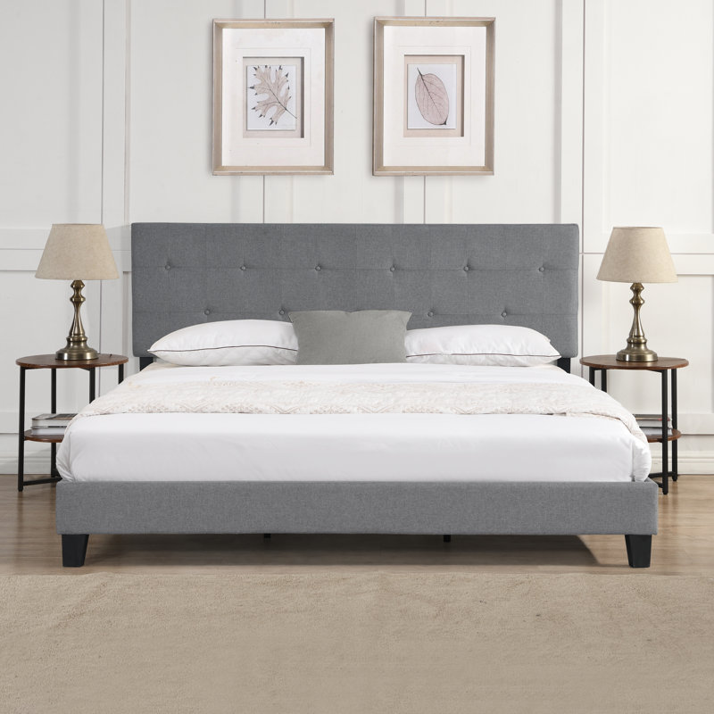 Base de lit tapissier très grand format - Tête de lit en tissu gris sans sommier tapissier Facile à assembler Large ensemble de support en lattes de bois de 93,5 lb