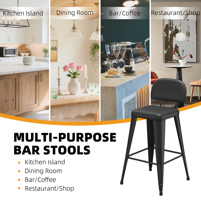 Upholstered Seat Counter Stools with Metal Frame, Counter Stool (26" Seat Height), Black