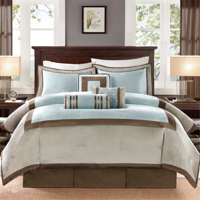 King Size Comforter 7 Pieces - Blue With Decorative Pillows And Taupe Brown Accents Steam Piece Machine Washable Bedding
