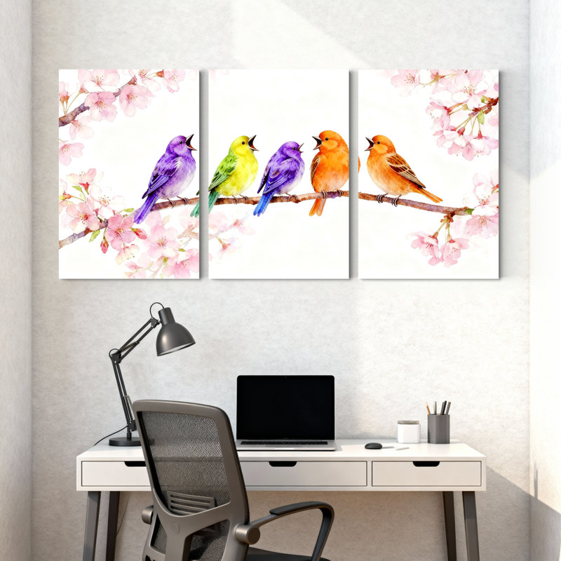 Oiseaux colorés sur une branche de cerisier en fleurs, ensemble de 3 impressions sur toile, H 18 po x l 36 po