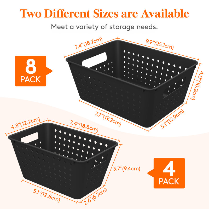 Plastic Storage Basket, 7 Pack Stackable Storage Bins For Organizing, Multi Size Open Containers For Shelving, Pantry, Office And Cabinet, 5 Large And 2 Small Size, Black