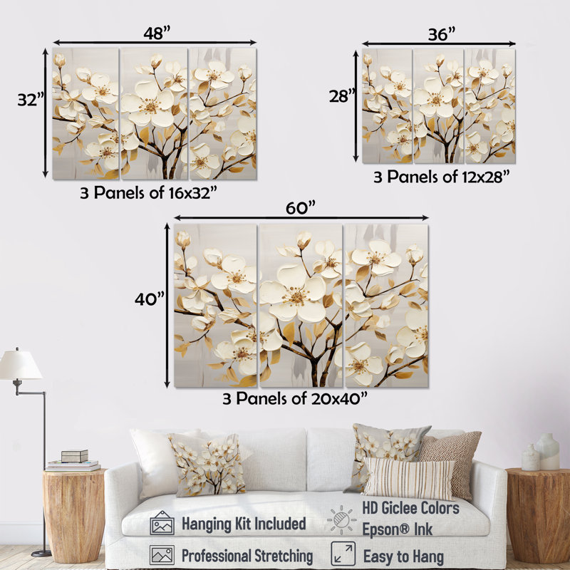 Ensemble d'art sur toile Dogwood, Toile tendue, H 40 po x l 60 po x P 1 po