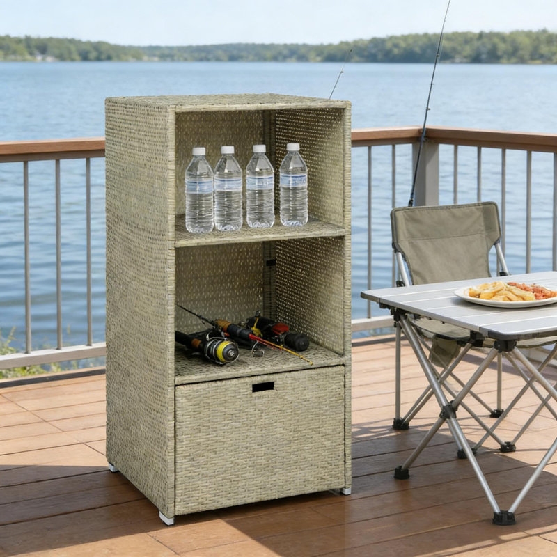 Boîte de rangement d'extérieur en rotin avec tiroir et tablette, Kaki pâle
