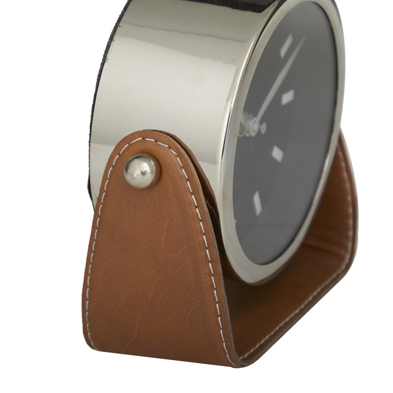 Horloge décorative en acier inoxydable avec support en cuir, H 6,05 po x l 6,20 po x P 2,85 po, Argent