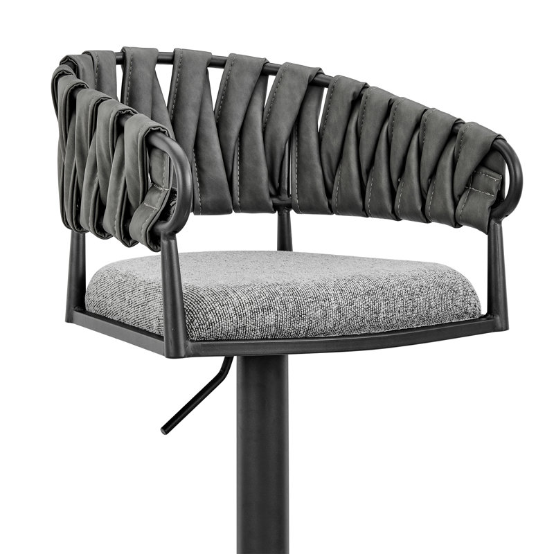 Keymaya Swivel Adjustable Height Bar Stool in Black Metal with Gray Fabric and Faux Leather