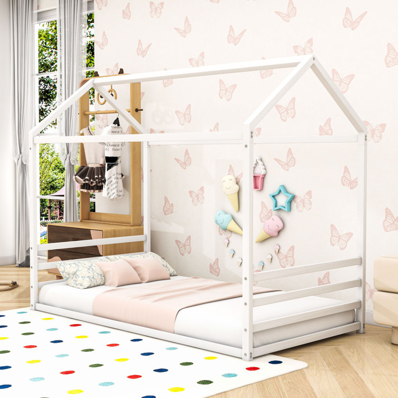 Metal House Shaped Bed With Guardrails, Twin, White