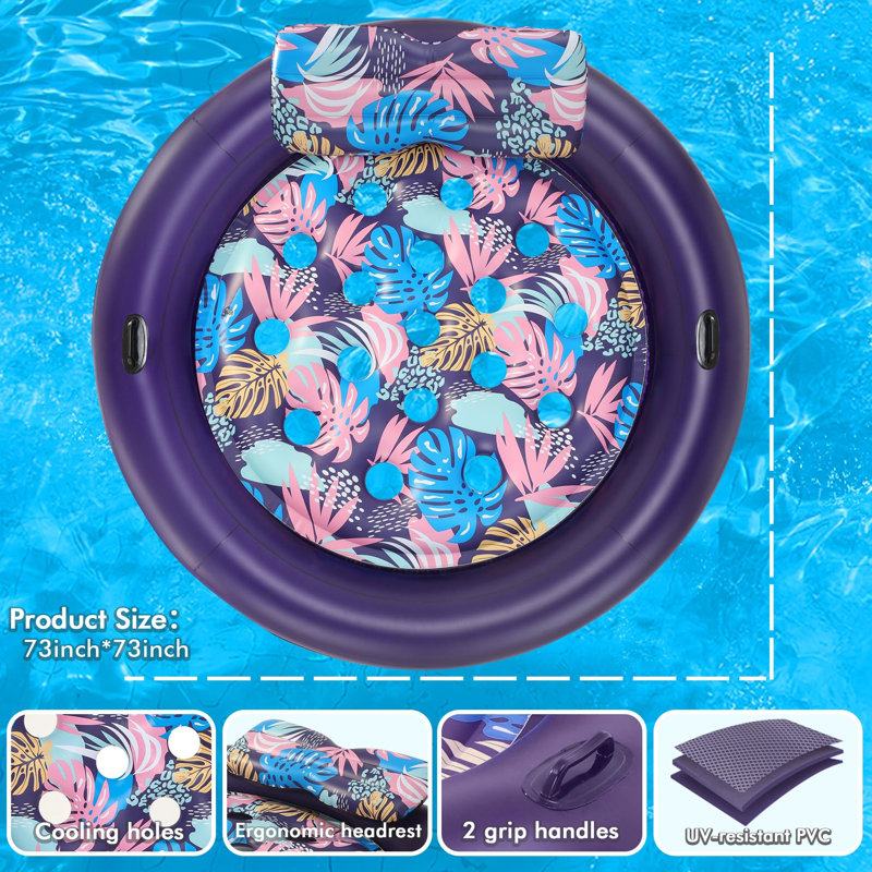 Inflatable Pool Float Mat, 73" X 73" Pool Floats Adult Extra Large Size With Removable Pillow, Cooling Floaties Bed With Grab Handles For Outdoor Summer Party